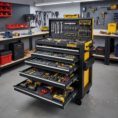 A DeWalt 36 inch 6-drawer top tool chest in a bustling workshop environment, with various hand tools neatly organized within its opened drawers, showcasing its robust yellow powder-coated steel construction, ball-bearing slides, and integrated power strip. The perspective is slightly elevated, with bright, functional lighting highlighting the interior.