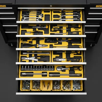 An overhead close-up view of the interior of a DeWalt 36 inch 6-drawer top tool chest, showcasing meticulously organized hand tools, sockets, and small parts within its various drawers. The yellow foam liners are visible, with clear divisions between tool types. The lighting is bright and even, emphasizing the organization and the quality of the drawer interiors. 