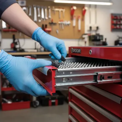 Technician removing a tool chest drawer with a lever mechanism for maintenance