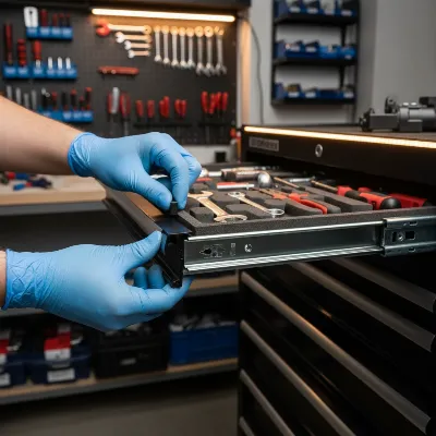 Technician removing a tool chest drawer with release tabs for slide replacement