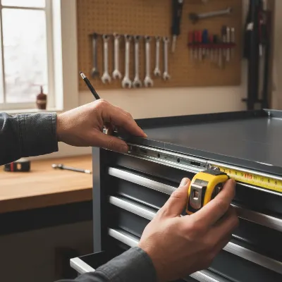 Hands installing and aligning a new drawer slide on a tool chest