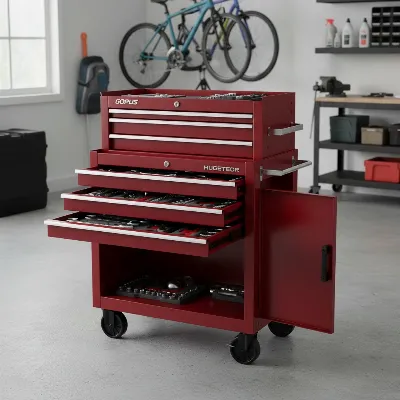 A Goplus 6-drawer rolling tool chest, red, with detachable sections in a home garage setting, bright lighting, realistic style