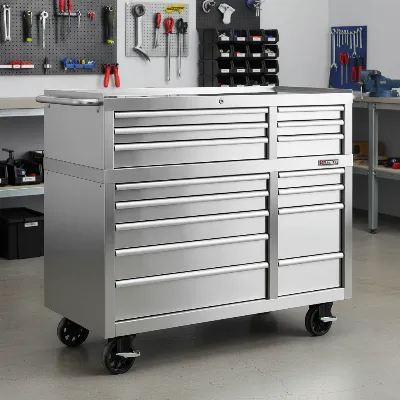 A wide shot of a large, shiny stainless steel tool chest combo with multiple drawers.
