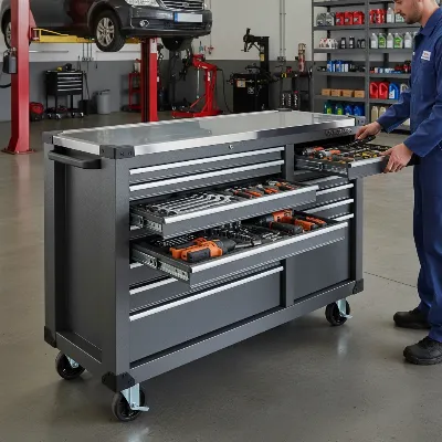 A robust 72-inch heavy-duty rolling tool chest in a professional auto repair shop, filled with organized tools. The chest is dark grey, made of thick steel, with industrial-grade casters and a stainless steel worktop. A mechanic stands nearby, reaching for a tool.
