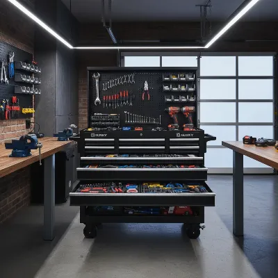 A wide shot of the Husky 52-inch Rolling Tool Chest in a well-organized garage, showcasing its matte black finish and ample size, with some tools visible on the top surface.