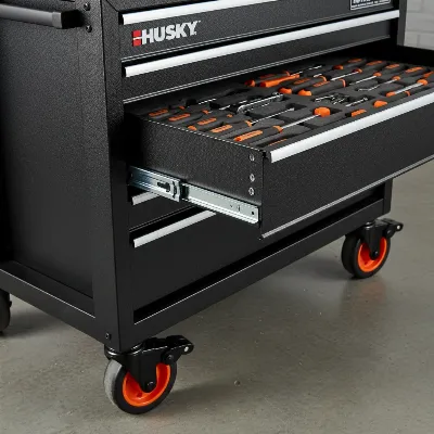 Close-up of the Husky 52-inch Rolling Tool Chest's drawers, showing the soft-close mechanism and a detailed view of one of the heavy-duty locking casters.