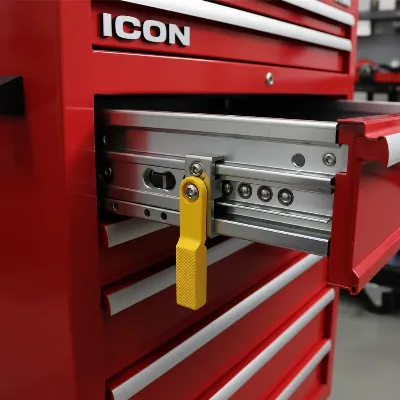 Close-up of the heavy-duty drawer slides and adjustable latch mechanism on an Icon 56 Inch Tool Chest.