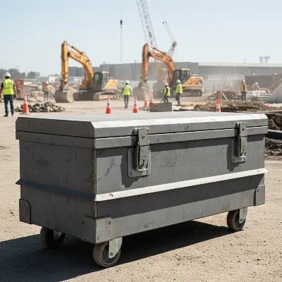 A heavy-duty, grey job site tool chest with visible padlock protection and robust steel construction.