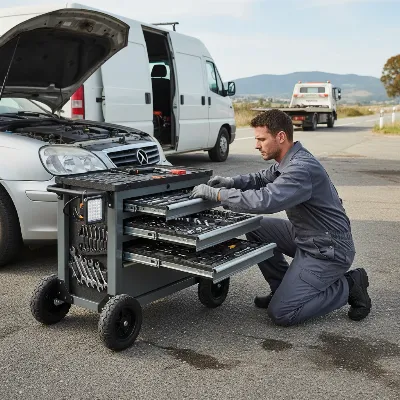 A mobile mechanic uses a portable tool chest with wheels at a roadside service, highlighting ease of transport and accessibility