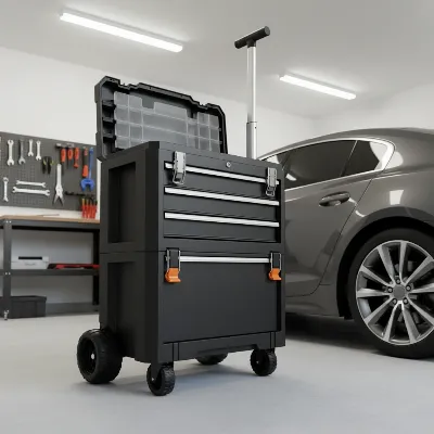 A compact, multi-level modular tool chest on wheels in a neatly organized small home garage.