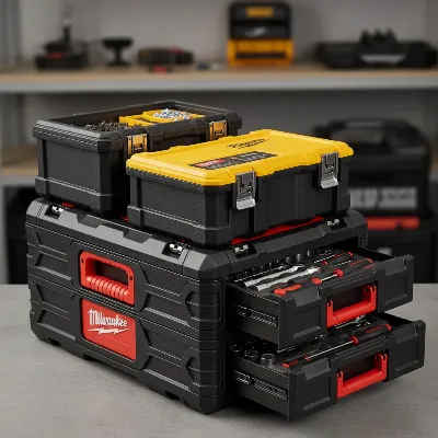 A close-up of interlocking modular tool chest systems for a mobile mechanic, showcasing versatility and secure stacking