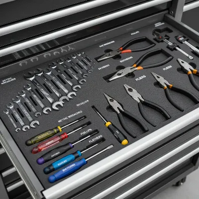 An organized tool chest drawer with various hand tools neatly arranged in foam cut-outs and labeled sections.
