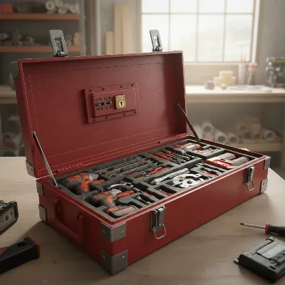 A close-up of an open, organized lockable tool chest on a job site, showcasing neatly arranged tools and internal security features.