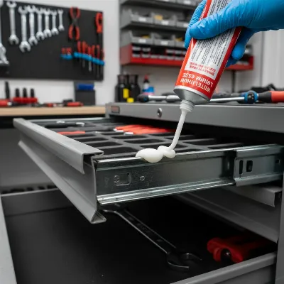 Maintenance technician lubricating steel tool chest drawer slides with white lithium grease for smooth operation