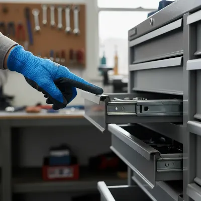 Close-up of a technician inspecting a tool chest drawer slide for damage or misalignment