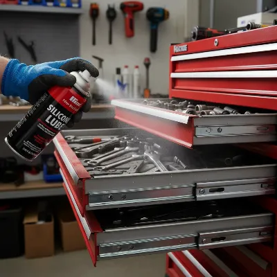 A close-up shot of a hand applying silicone lubricant to the metal drawer slide of a tool chest, highlighting the smooth action.