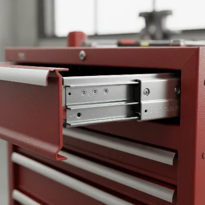 Close-up of a soft-close drawer mechanism on a heavy-duty tool chest, demonstrating smooth operation