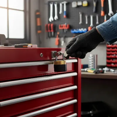 A person checking the master lock on top of a red tool chest, turning a key with a focused expression. This image shows a close-up of the key and lock.