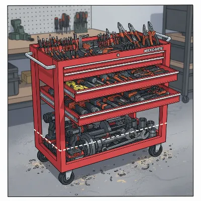 Optimizing tool chest stability by placing heavy tools in lower drawers and lighter tools in upper compartments.