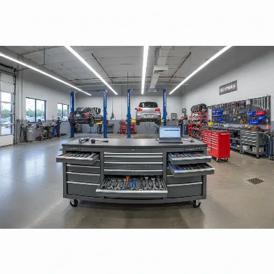 A US General 72-inch Series 3 roll cab in a professional automotive workshop, filled with tools.